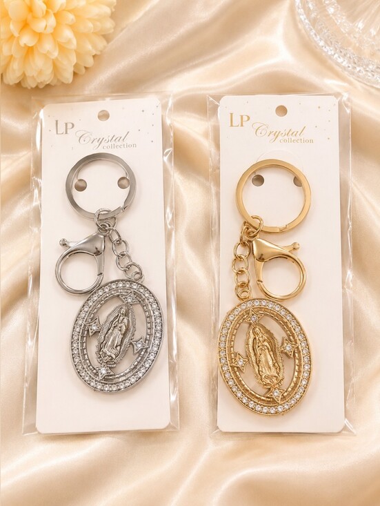 Accessories - Virgin Mary Rhinestone Keychain | Gold Tone & Silver Tone Religious Key Ring